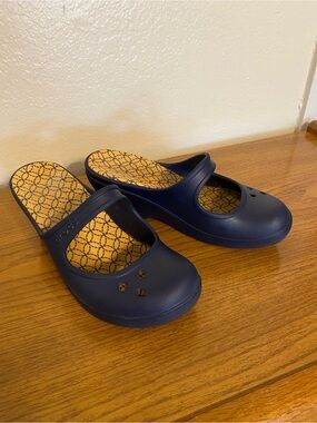 CROCS Navy Blue Mary Jane Clog Mules with Patterned Insole